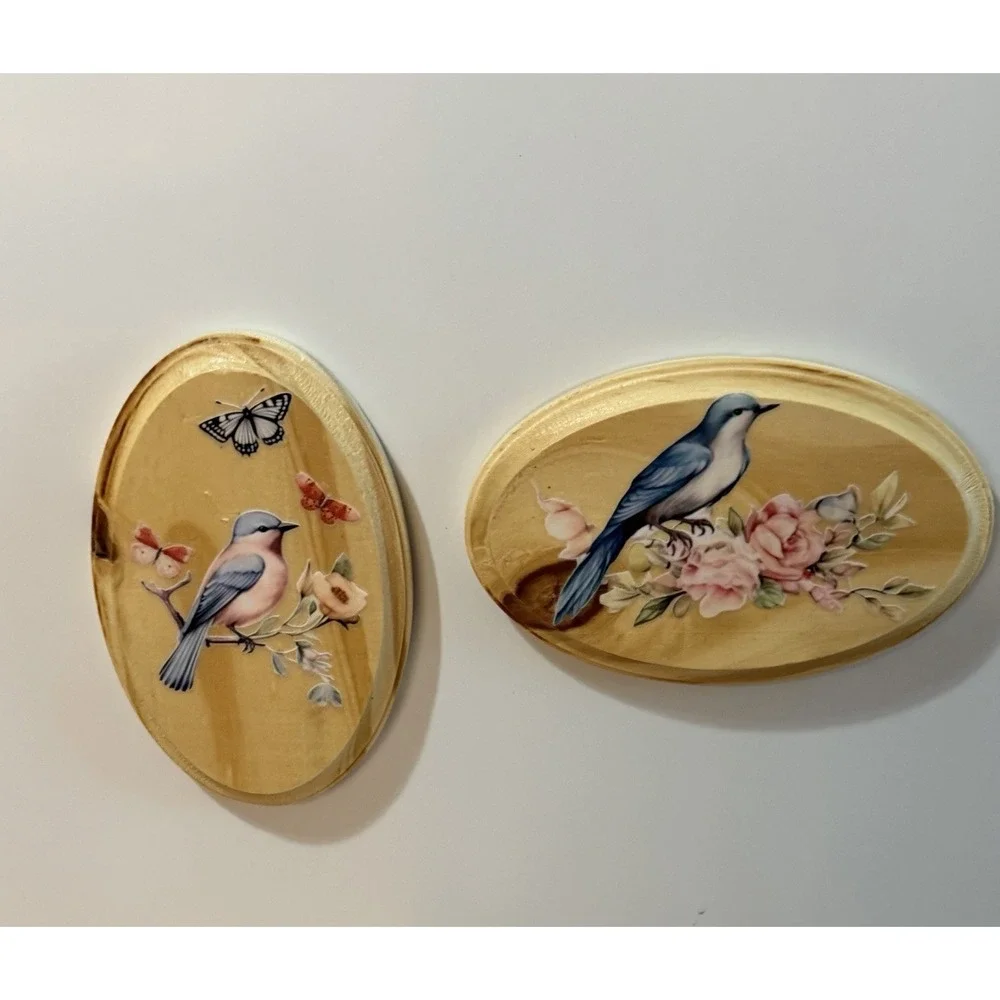 Handmade Wooden Plaque Bird Magnets. Set Of 2